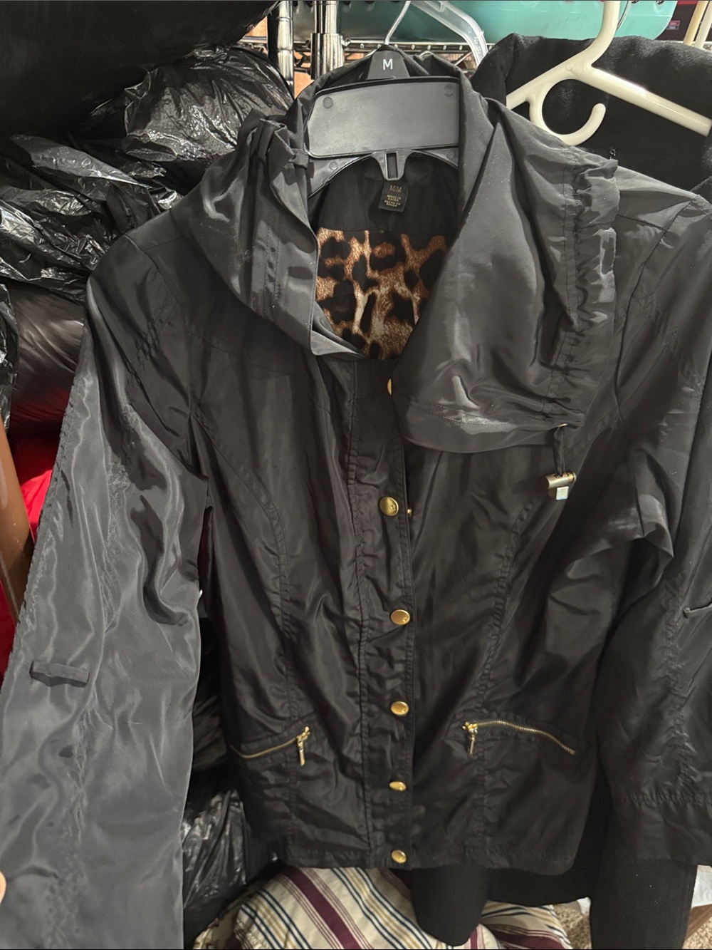 Black Women's Lightweight Hooded Jacket with Leopard Trim